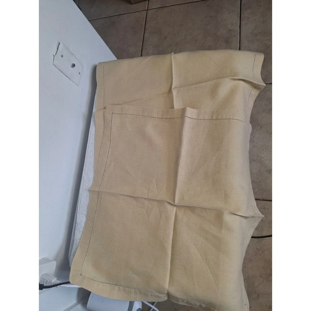 Vintage Hemstitch Linen Tablecloth and Napkins Set Beige Tan 3 Piece Dining